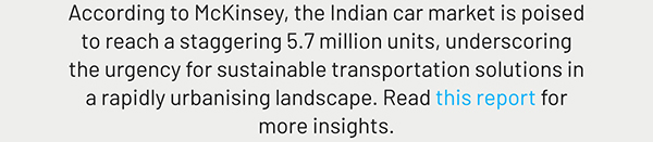 According to McKinsey, the Indian car market is poised to reach a staggering 5.7 million units, underscoring the urgency for sustainable transportation solutions in a rapidly urbanising landscape. Read this report for more insights.