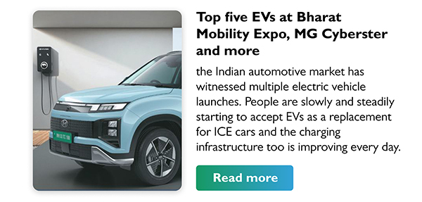 Top five EVs at Bharat Mobility Expo, MG Cyberster and more
        the Indian automotive market has witnessed multiple electric vehicle launches. People are slowly and steadily starting to accept EVs as a replacement for ICE cars and the charging infrastructure too is improving every day.
        Read more