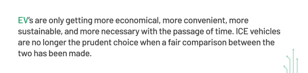 EV's are only getting more economical, more convenient, more sustainable, and more necessary with the passage of time. ICE vehicles are no longer the prudent choice when a fair comparison between the two has been made.