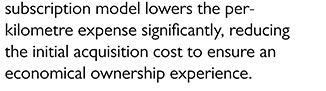 subscription model lowers the per-kilometre expense significantly, reducing the initial acquisition cost to ensure an economical ownership experience.